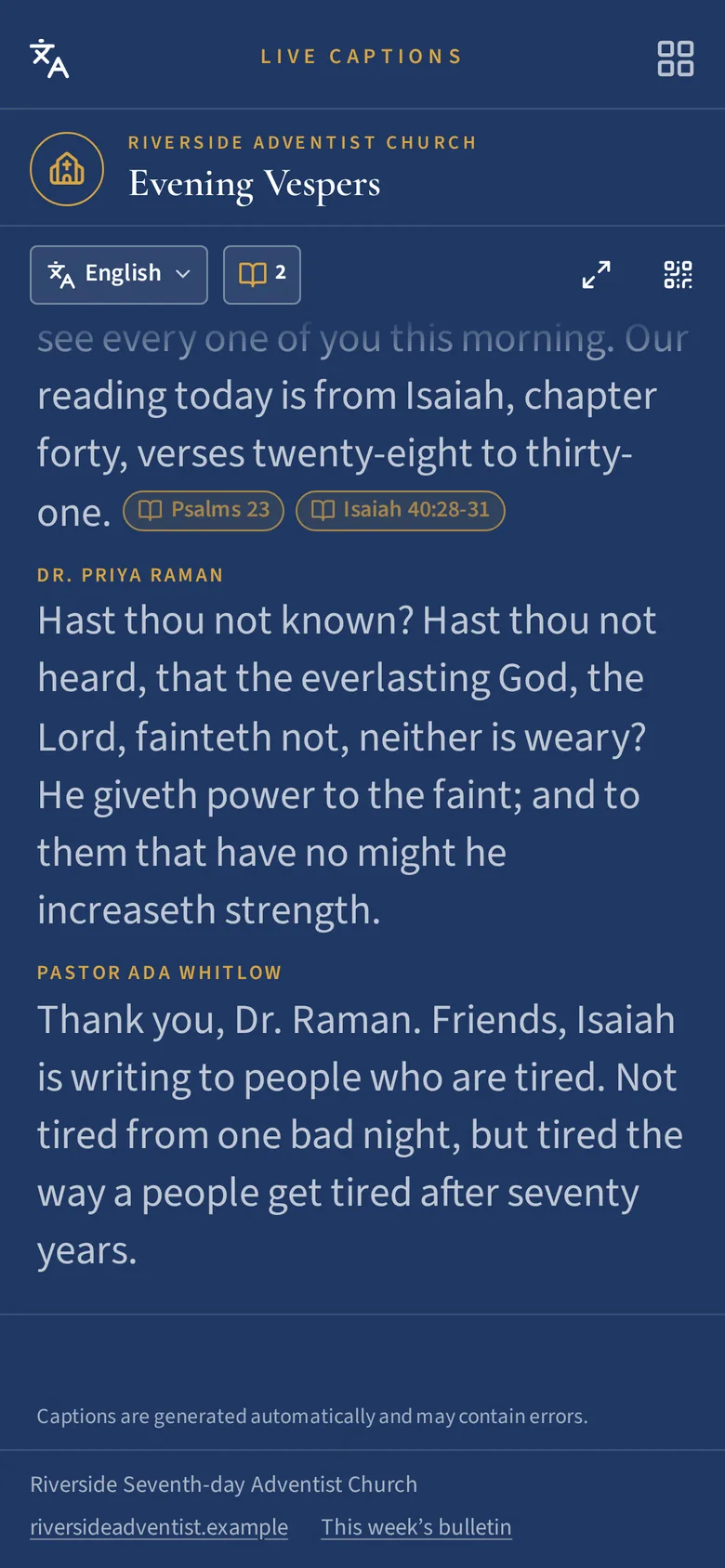 The captions on a phone in the pew